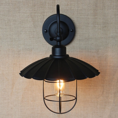 Vintage Black LED Wall Sconce with Scalloped Floral Edge in Cage Style
