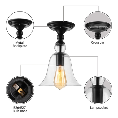 11'' Height Single Light Clear Bell Shade Small LED Semi Flush Mount Close to Ceiling Light