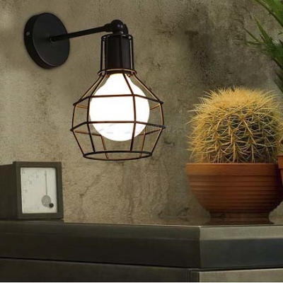 Wire Cage 1 Light Mini Wall Sconce in Black for Stairs Hallway Porch 