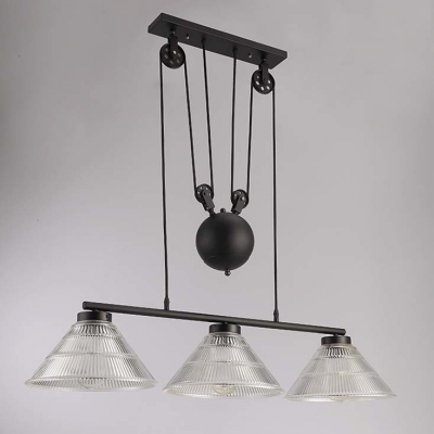 Chic Industrial Style Three Light Adjustable LED Island Light with Cone Ribbed Glass Shade