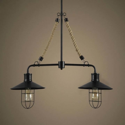 Black Finished Double Headed 1 Tier Island Pool Table Billiard LED Pendant Light with Rope Accent