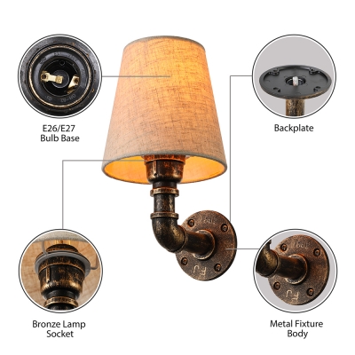 Industrial Style Pipe LED Wall Lamp with Empire Fabric Shade