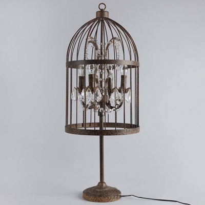 Rust Iron 4 Light Bird Cage LED Table Lamp with Crystals