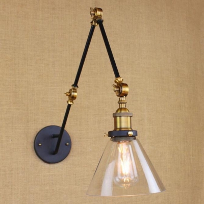Industrial Style Adjustable LED Wall Sconce with Clear Cone Shade in Black Finish