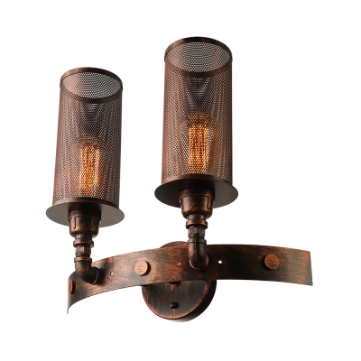 Antique Copper 2 Light Double LED Wall Sconce with Cylindrical Metal Shade