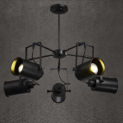 Black Finish Five Light Industrial Spotlight LED Chandelier 35'' Wide