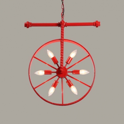 Wheel Shaped Industrial 6 Light Coffee Bar Commercial LED Lighting in Red Finish