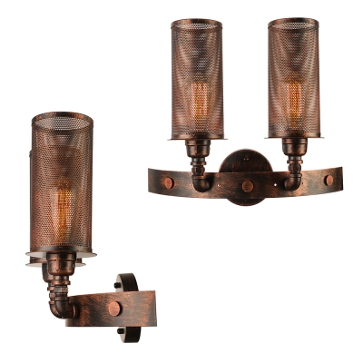 Antique Copper 2 Light Double LED Wall Sconce with Cylindrical Metal Shade