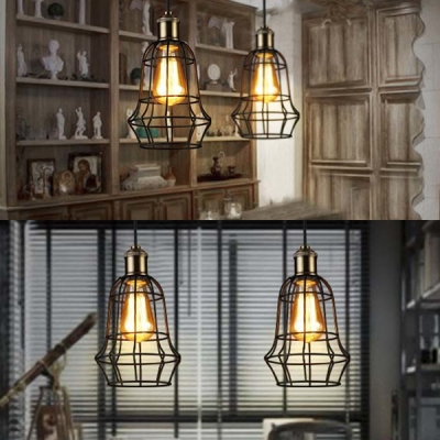 Industrial Style 1 Light Mini Cage LED Pendant in Black