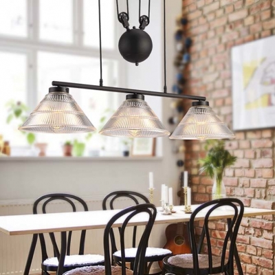 Chic Industrial Style Three Light Adjustable LED Island Light with Cone Ribbed Glass Shade