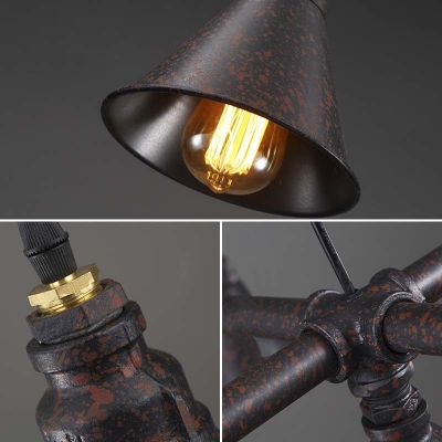 Mottled Rust Three Light Pipe Kitchen LED Island Light with Three Metal Cone Shade