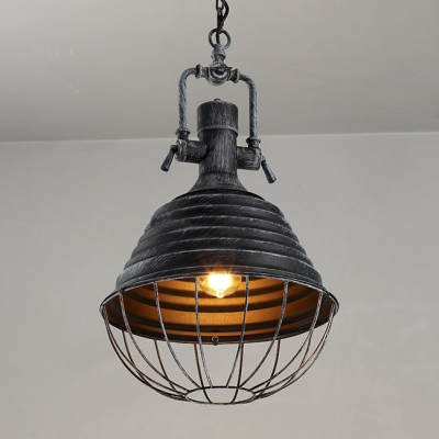 1 Light Cone Pendant in Antique Black with Cage Shade