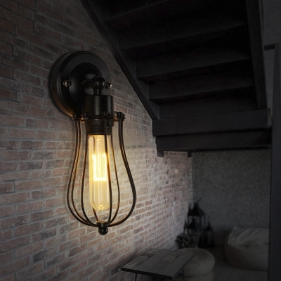Industrial Single Cage Sconce in Black Finish
