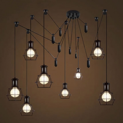 Industrial Style 8-Lt Multi-light Pendant with Wire Guard