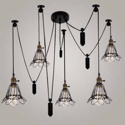 

Wrought Iron Style Adjustable Five Light Multi-light Pendant with Cage