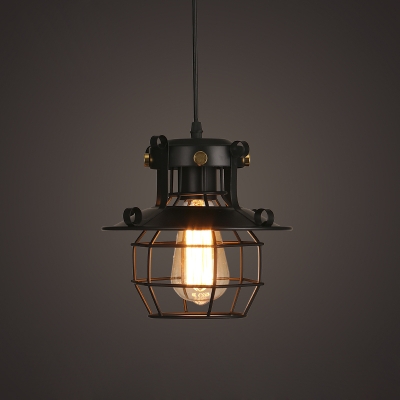 Industrial Novel 1-Light Pendant Light in Black with Wire Cage