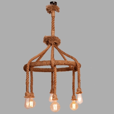 Down Light Natural Rope Chandelier in Vintage Style with 6 Bulb