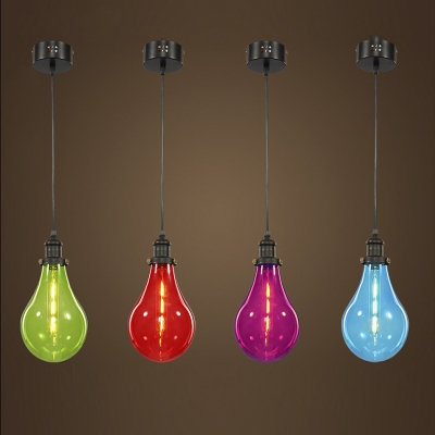 Simple Modern Bulb Shape Hanging Pendant with Colorful Glass Shade 1 Light Lighting Fixture for Kids