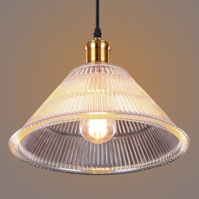 Vintage Ribbed Glass Shade Industrial Restaurant Pendant Light in Brass