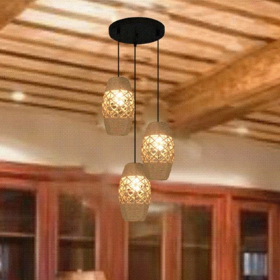 10 Inches Burlap 3 Light Multi Light Pendant with Natural Rope