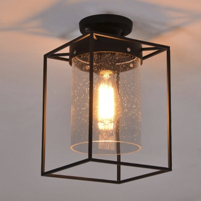 Seedy Glass Shade Ceiling Fixture Metal Wire Cage Semi Flush Ceiling Light