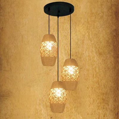 10 Inches Burlap 3 Light Multi Light Pendant with Natural Rope