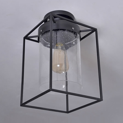 Seedy Glass Shade Ceiling Fixture Metal Wire Cage Semi Flush Ceiling Light