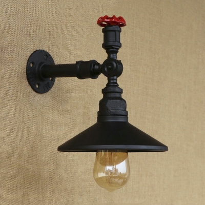 Black Pipe Arm Single Light Industrial Sconce with Metal Shade