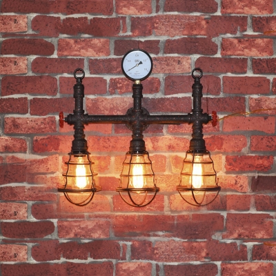 Rustic 3-Light Pipe Designed Metal Indoor Wall Light with Wire Cage Shade