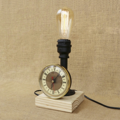 Clock Accent One Edison Bare Bulb Style Wood Base Industrial Table Lamp