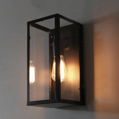 Glass Shade Rectangle Metal Wall Mounted Lighting Industrial Sconce in Black