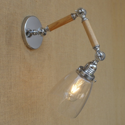 Chrome Finish Wood Industrial Arm Adjustable Wall Sconce