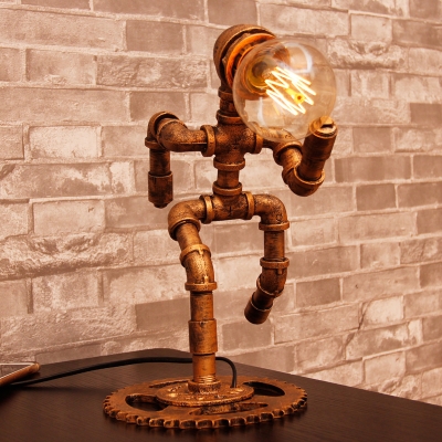 Industrial Pipe Featured Aged Bronze Metal Table Light in Shape of Running Man