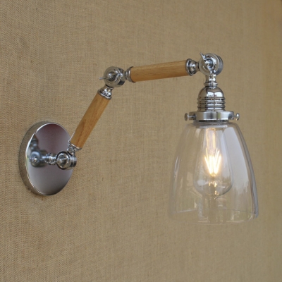 Chrome Finish Wood Industrial Arm Adjustable Wall Sconce