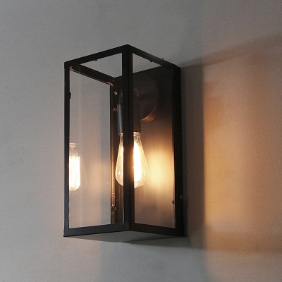 Glass Shade Rectangle Metal Wall Mounted Lighting Industrial Sconce in Black