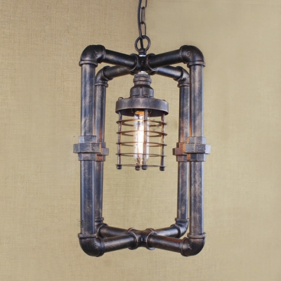 Industrial 1 Light Cube Pendant in Aged Bronze Finish with Metal Frame Shade
