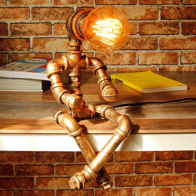 Novel Pipe Lighting Fixture Sitting Doll Shaped Industrial Table Light in Old Bronze Finish