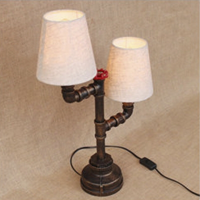 Vintage Rustic 2-Light Pipe Designed Table Lamp with Beige Fabric Shade