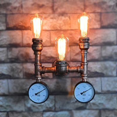Novel Industrial Three Light Indoor Pipe Sconce with Gauge Accent