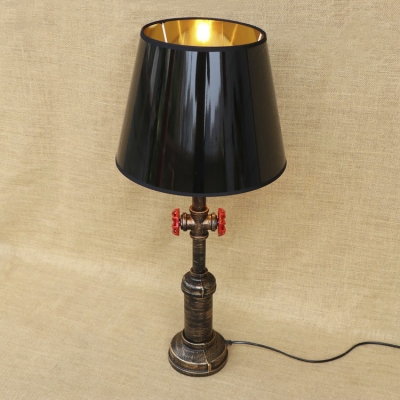 Rustic Lodge Antique Bronze Pipe Pole Table Light Bedside Desk Lamp with Black Metal Shade