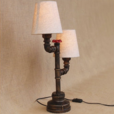 Vintage Rustic 2-Light Pipe Designed Table Lamp with Beige Fabric Shade