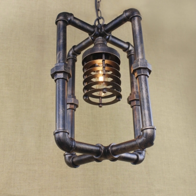 Industrial 1 Light Cube Pendant in Aged Bronze Finish with Metal Frame Shade