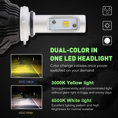 A359 Car LED Headlight Bulbs 9006 50W 8000LM 3000K Yellow& 6500K White LUXEON ZES LED, Pack of 2