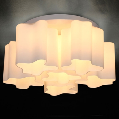 Sextuple Floral Frosted Blown White Glass Semi-Flush Mount Light