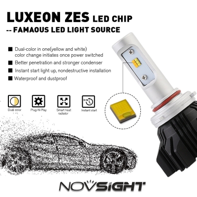 A359 Car LED Headlight Bulbs 9005 50W 8000LM 3000K Yellow& 6500K White LUXEON ZES LED, Pack of 2