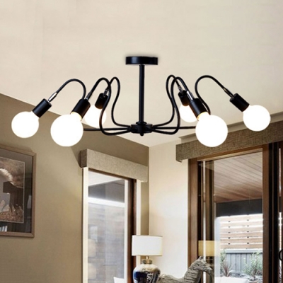 Industrial Wrought Iron Semi Flush Mount Ceiling Light with Exposed Edison Bulb, 6 Lights in Black Finsh