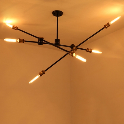 Industrial Semi-Flush Mount Ceiling Light in Black Finish with 6 Edison Bulbs, Light Branch Adjustable