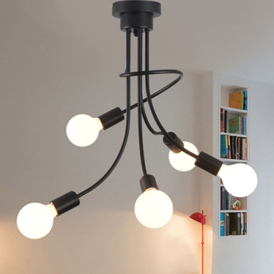 Industrial Semi Flush Mount Ceiling Light  in Wrought Iron Edison Bulb Style, 5 Lights in Metal Black