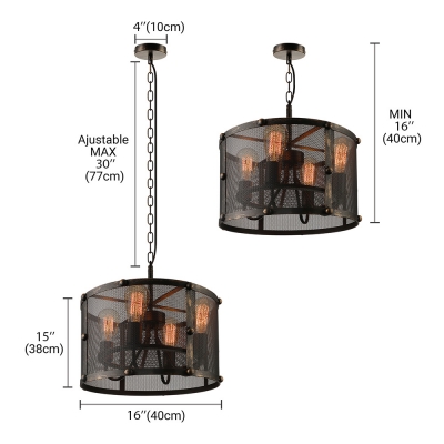 Retro Black Finished Four Light Pendant Chandelier in Drum Shape