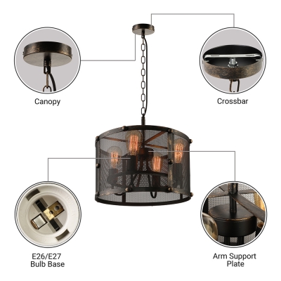 Retro Black Finished Four Light Pendant Chandelier in Drum Shape